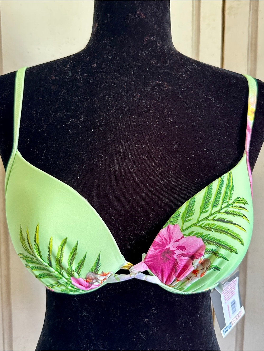 Flirty Athena Lime Green and Pink Tropical Floral Push-up Bra style Bikini Top